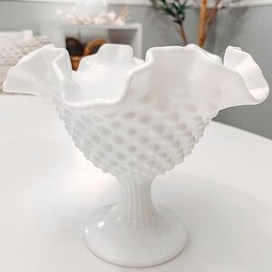 Vintage Fenton Hobnail Milk Glass Pedestal Bowl